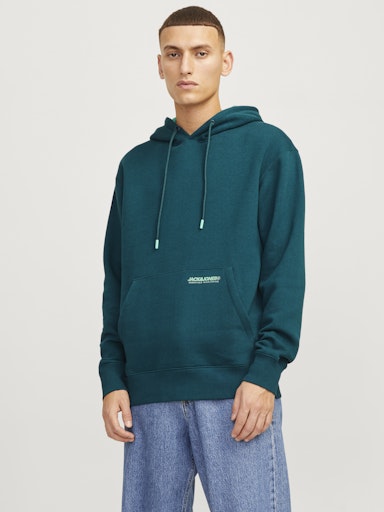 Jack Jones Erkek Deep Teal Kapüşonlu Relaxed Fit Kanguru Cepli Yeşil Sweatshirt 12256534Y