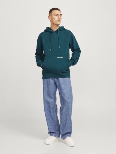 Jack Jones Erkek Deep Teal Kapüşonlu Relaxed Fit Kanguru Cepli Yeşil Sweatshirt 12256534Y