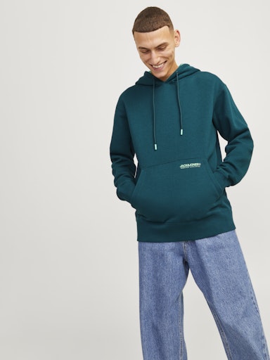 Jack Jones Erkek Deep Teal Kapüşonlu Relaxed Fit Kanguru Cepli Yeşil Sweatshirt 12256534Y