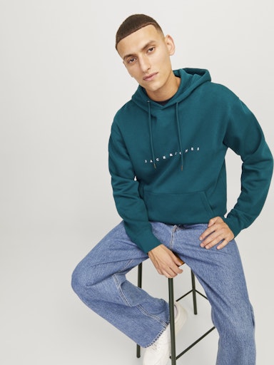 Jack Jones Erkek Deep Teal Rahat Kesim ve Yumuşak Doku Mavi Kapüşonlu Sweatshirt 12233972M