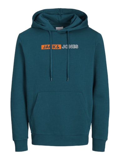 Jack Jones Erkek Derin Teal  Logo Kapüşonlu Mavi Sweatshirt 12233599M