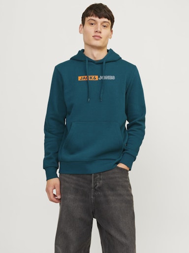 Jack Jones Erkek Derin Teal  Logo Kapüşonlu Mavi Sweatshirt 12233599M