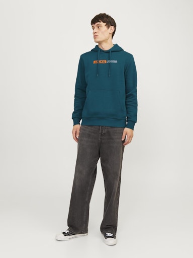 Jack Jones Erkek Derin Teal  Logo Kapüşonlu Mavi Sweatshirt 12233599M