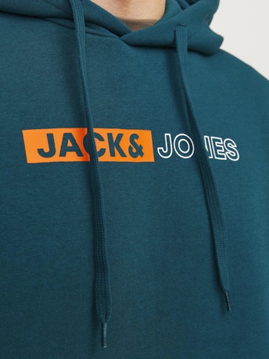 Jack Jones Erkek Derin Teal  Logo Kapüşonlu Mavi Sweatshirt 12233599M