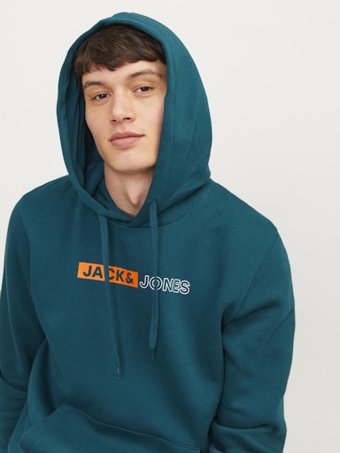 Jack Jones Erkek Derin Teal  Logo Kapüşonlu Mavi Sweatshirt 12233599M