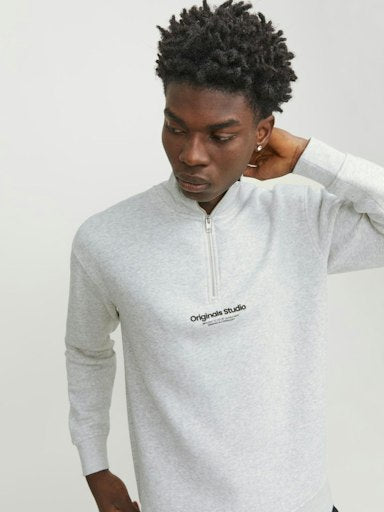 Jack Jones Erkek Fermuarlı Yüksek Yaka Beyaz Melanj Sweatshirt 12241777B
