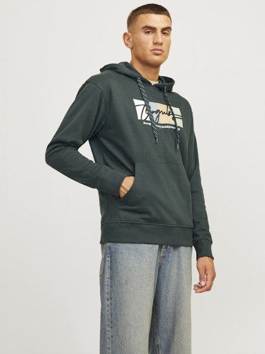 Jack Jones Erkek  Forest River Kapüşonlu Regular Fit Kanguru Cepli Tasarım Yeşil Sweatshirt 12262421Y