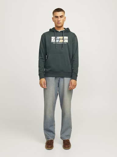 Jack Jones Erkek  Forest River Kapüşonlu Regular Fit Kanguru Cepli Tasarım Yeşil Sweatshirt 12262421Y