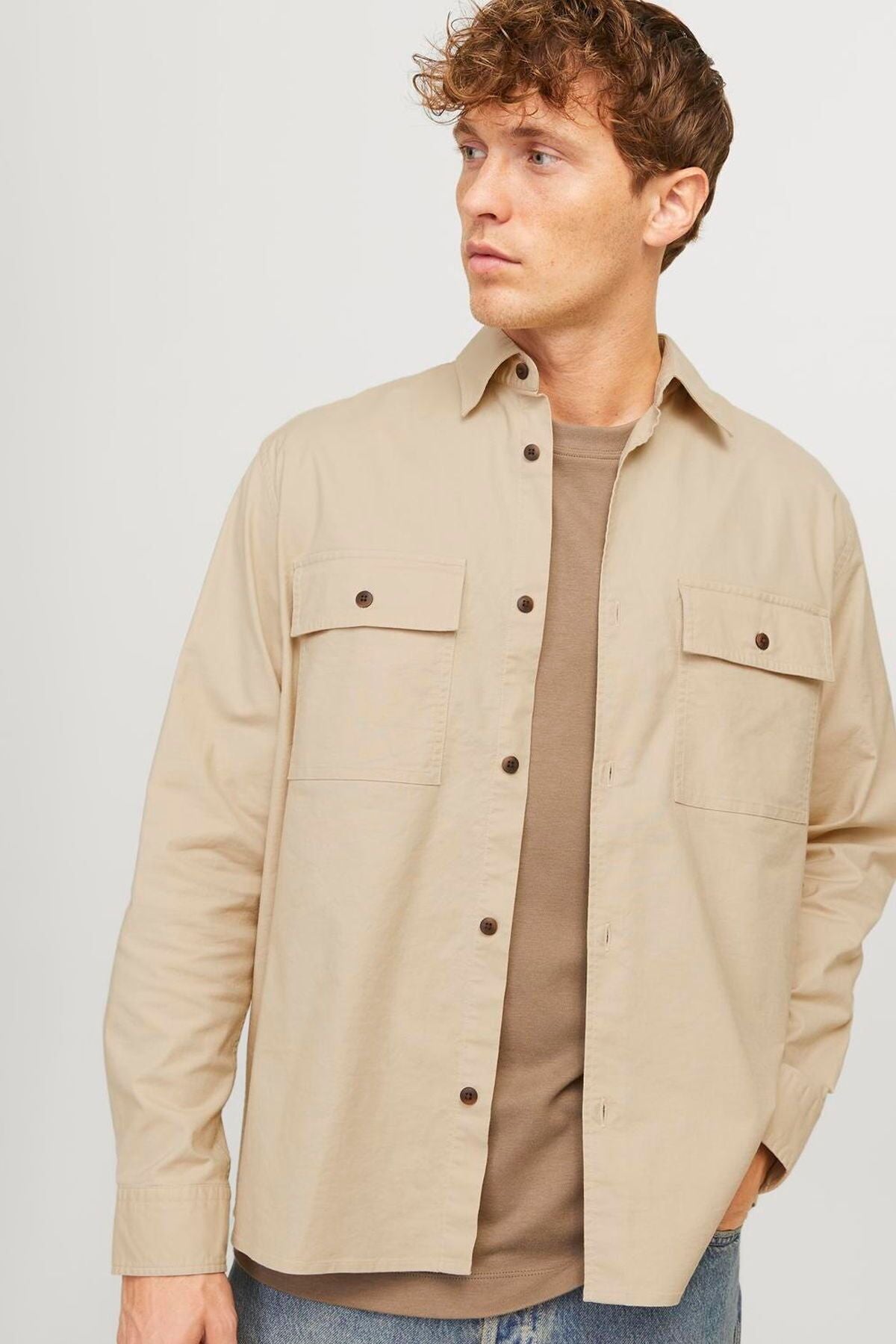 JACK JONES Erkek Krem Oversized Oxford Gömlek 12268952