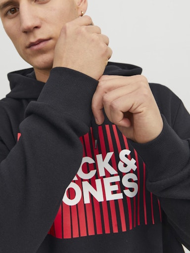 Jack Jones Erkek Logo Kapüşonlu Koyu Siyah Sweatshirt 12233599S1