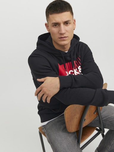 Jack Jones Erkek Logo Kapüşonlu Koyu Siyah Sweatshirt 12233599S1