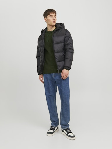 Jack Jones Erkek Siyah Rüzgar Geçirmez Puffer Mont 12235859S