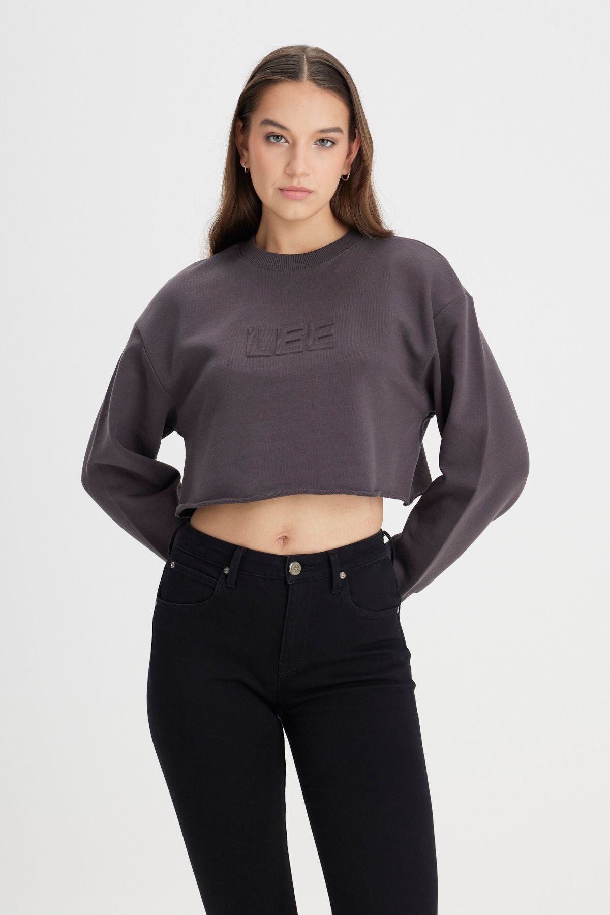 Riders by Lee  Kadın Regular Fit Normal Kesim Bisiklet Yaka %100 Pamuk  Antrasit Crop Sweatshirt L241261ONA